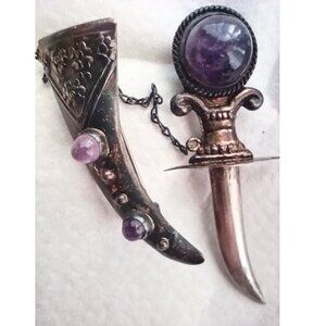 Vintage Sterling Silver Amethyst Dagger Brooch Pin 2 Piece Hand Crafted Mexico